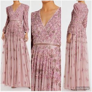 Mac Duggal 5497 Womens Embellished V Neck 3/4 Sleeve A Line Gown Dress